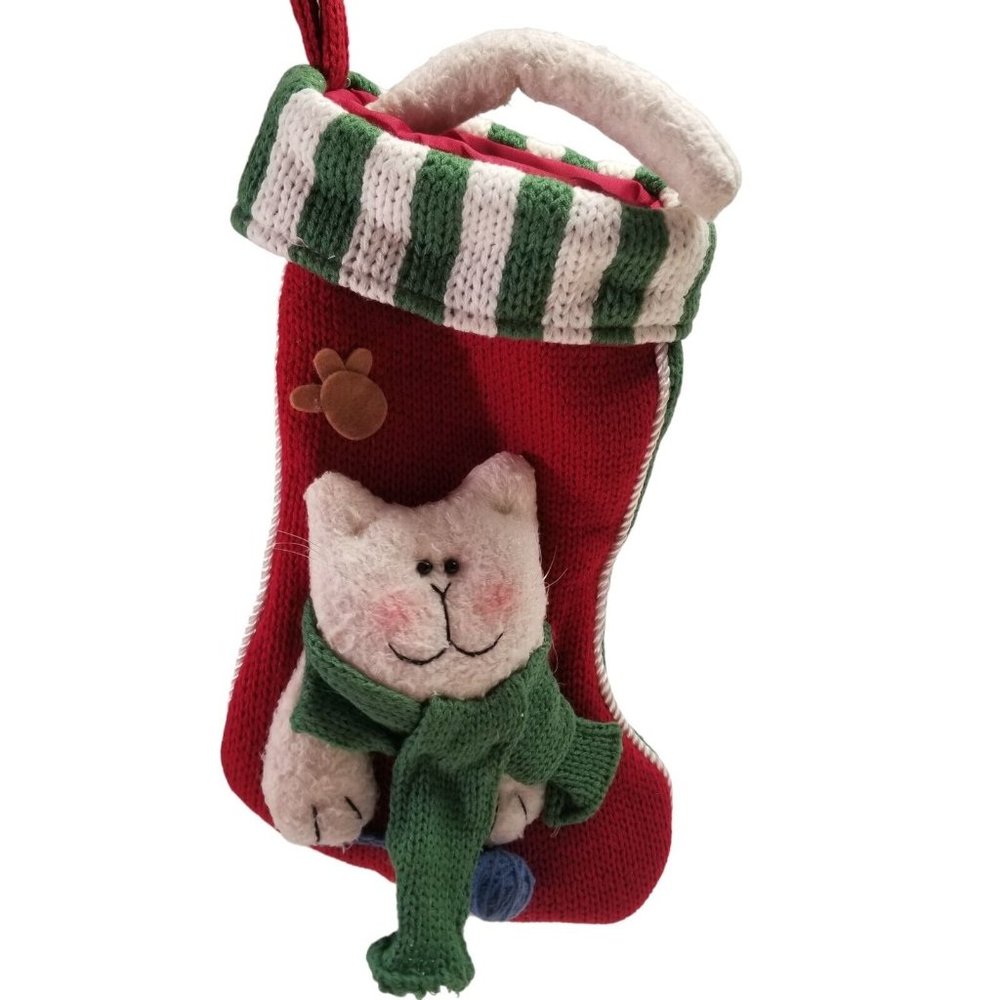 Vintage Christmas Stocking Cat 3D Plush 1990s Scarf Stripes Kitten Kitty Holiday - Picture 6 of 8